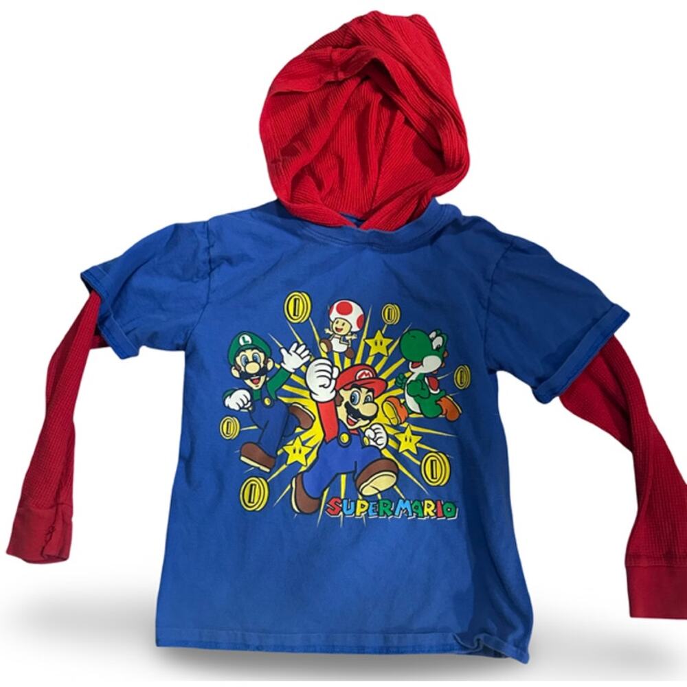Super Mario Boys Hoodie Shirt Size M 8 Red Blue Nintendo